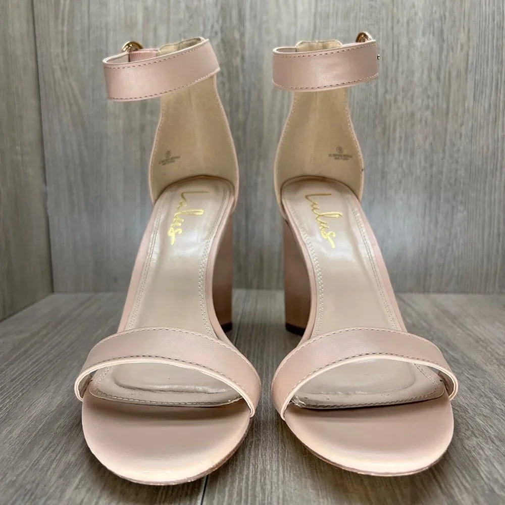 Lulus Sandals Womens Sz 9 Open Toe Ankle Strap High Heel Faux Leather Nude Beige